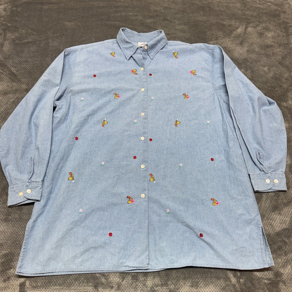 Vintage 1999 Warner Bros Tweety Bird Embroidered Denim Shirt XXL Looney Tunes - Picture 2 of 9